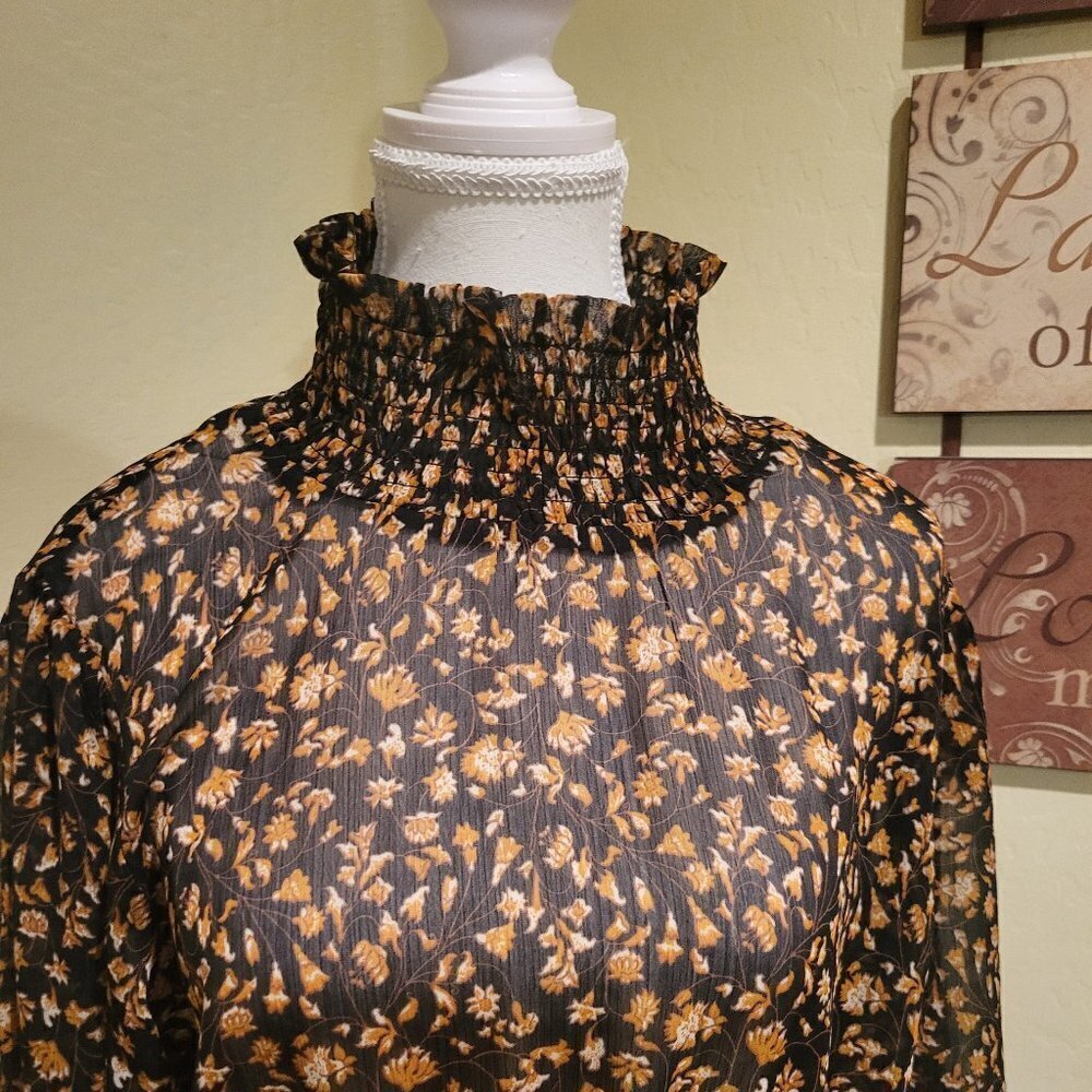 Mira Shirred Blouse MINKPINK sheer Black/Brown high collared Blouse Sz: L NWT - Picture 7 of 11